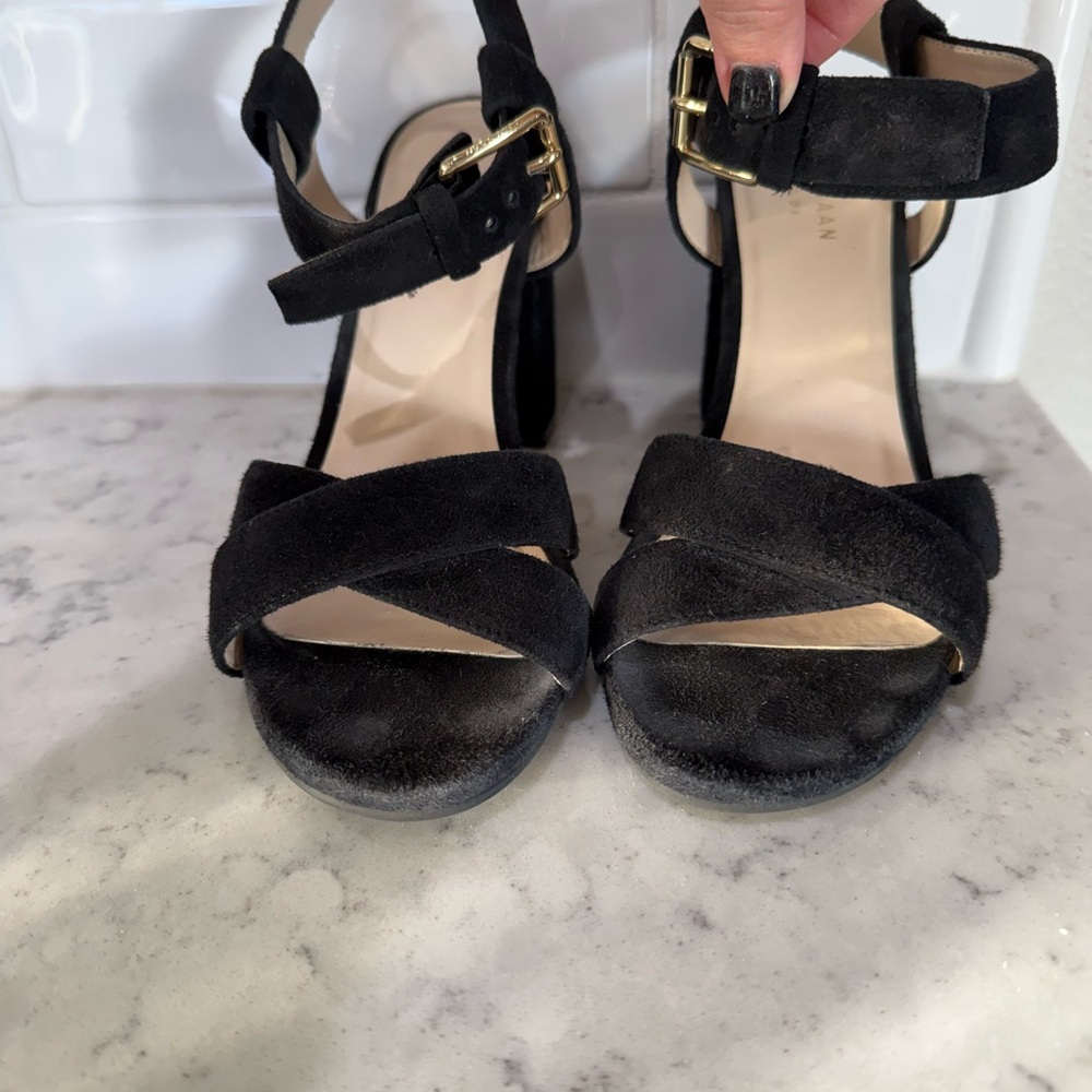 Cole Haan Black Suede Sandals with Gold Buckle
